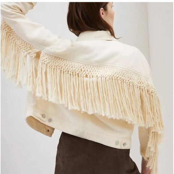 Blank Nyc Anthropologie Sacha Cream Crochet Fringe Jacket cotton S Boho coquette - Picture 1 of 13